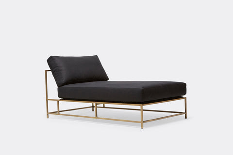 front of Chaise Lounge with black canvas upholstery and antique brass metal frame